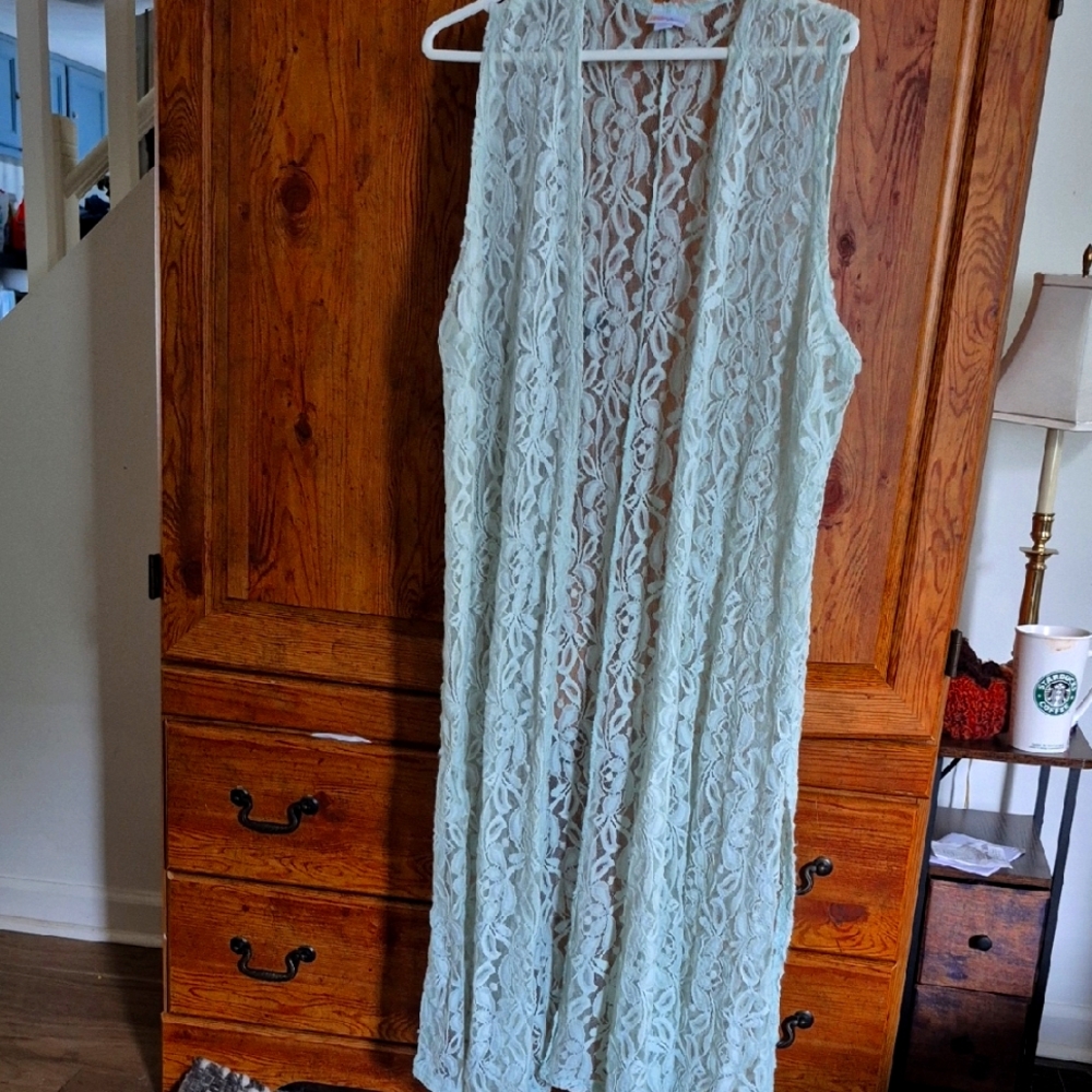 LuLaRoe Sleeveless Lacy Pastel Green Cardigan Coverup XL